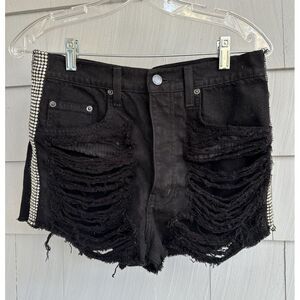 Carmar Black Frayed High Waist Denim Shorts‎ Jeans Stripe Rhinestone Bling 26